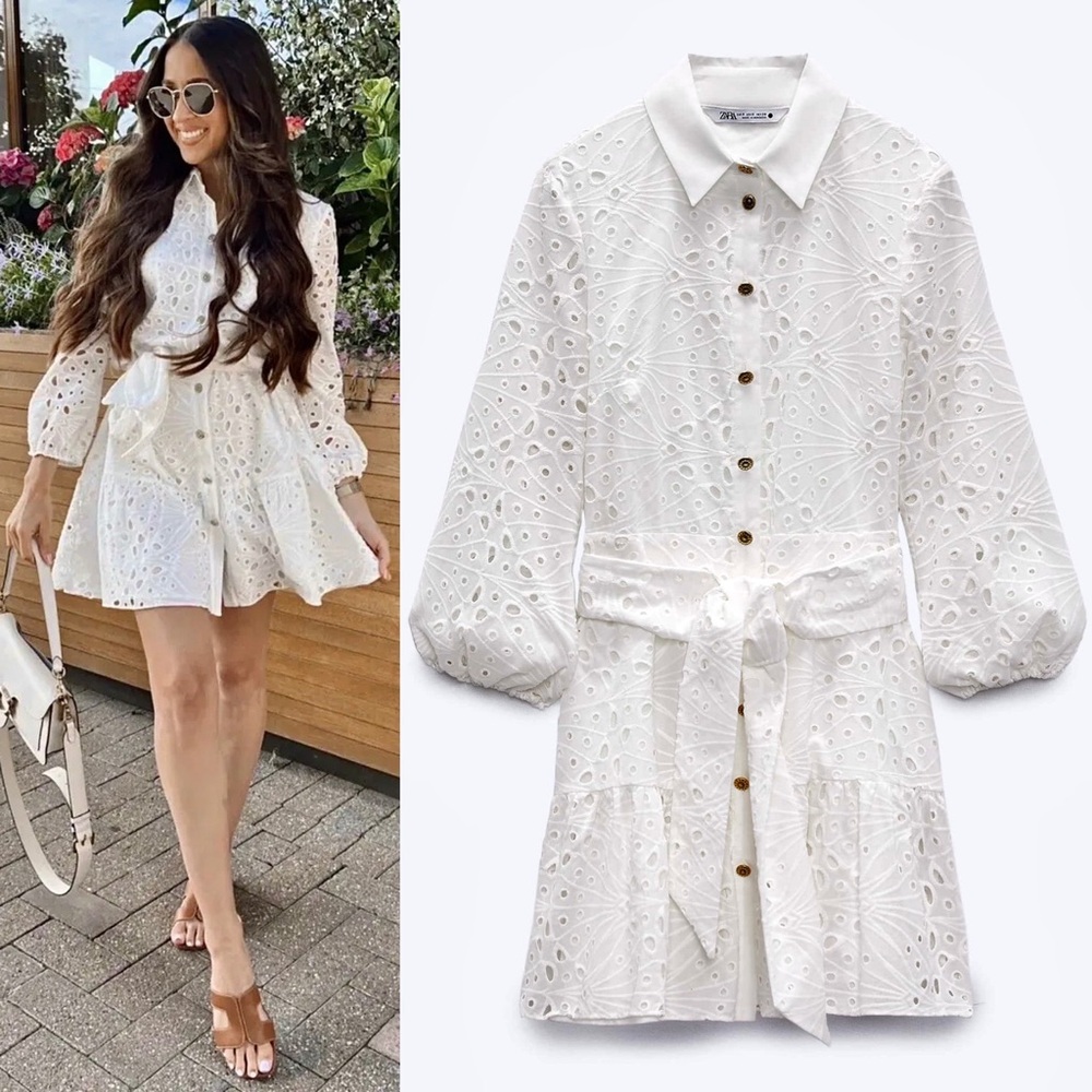 Zara White Eyelet Belted, Ruffle Hem Shirt Dress! Blogger’s Favorite!! 🤍
